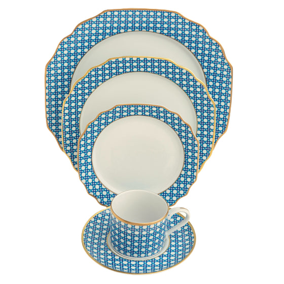 Blue Cane Weave White 5 Piece Place Setting