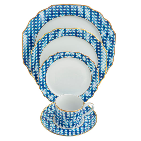 Blue Cane Weave White 5 Piece Place Setting
