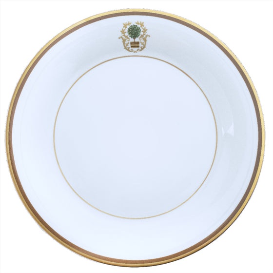 Charlotte Moss Ultra-White Topiary Motif On Rim - Charger Plate - Gold and Brown Band