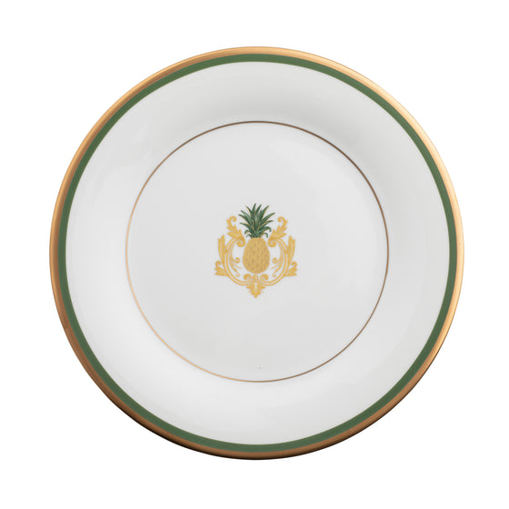 Charlotte Moss White Pineapple Motif Center Well - Charger Plate - Gold and Green Band