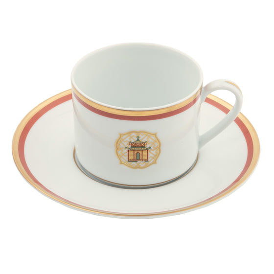 Charlotte Moss White Pagoda Motif - Tea Cup Saucer - Gold and Orange Band
