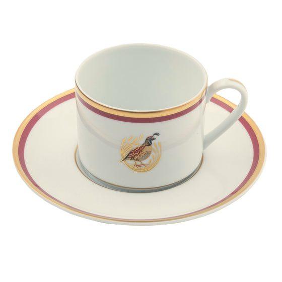 Charlotte Moss White Quail Motif - Tea Cup Saucer - Gold and Red Band