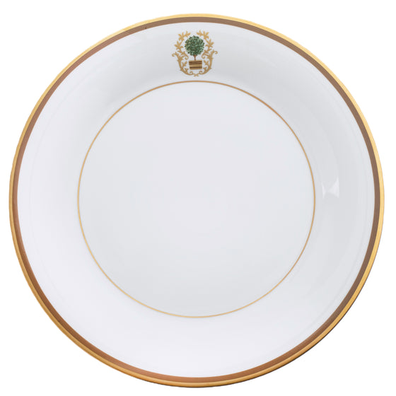 Charlotte Moss White Topiary Motif On Rim - Charger Plate - Gold and Brown Band