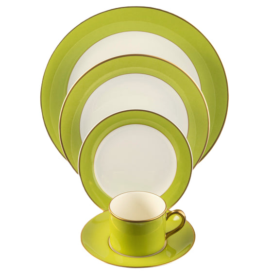 ColorSheen Apple Green Gold Dinner White 5 Piece Place Setting