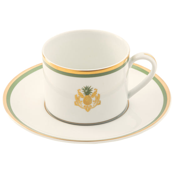 Charlotte Moss White Pineapple Motif - Tea Cup Saucer - Gold and Green Band