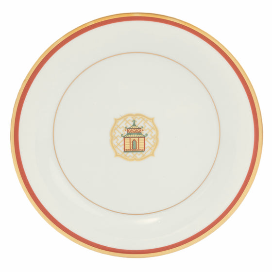 Charlotte Moss White Pagoda Motif Center Well - Charger Plate - Gold and Orange Band