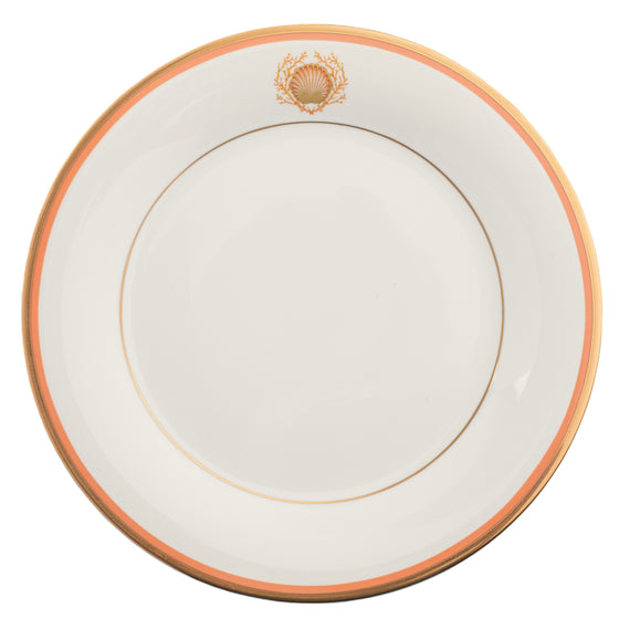 Charlotte Moss White Shell Motif On Rim - Charger Plate - Gold and Coral Band