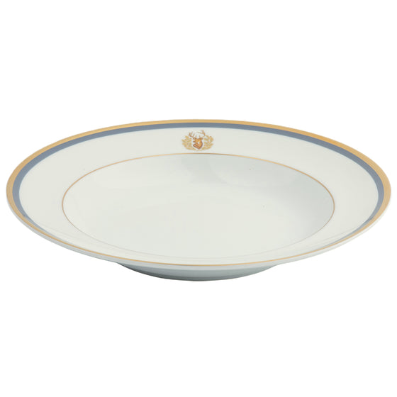 Charlotte Moss White Stag Motif - Soup Plate - Gold and Gray-Blue Band