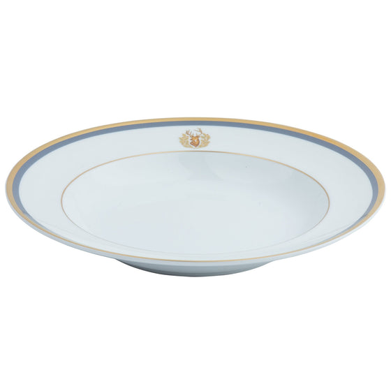 Charlotte Moss Ultra-White Stag Motif - Soup Plate - Gold and Gray-Blue Band - Pickard China - UCMWSTM-024-SP