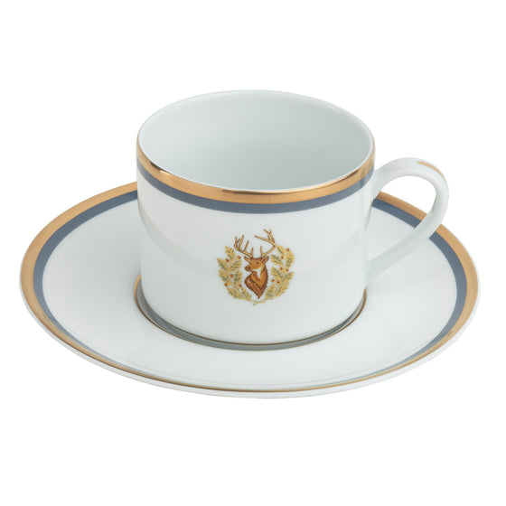 Charlotte Moss Ultra-White Stag Motif - Teacup - Gold and Gray-Blue Band - Pickard China - UCMWSTM-012-CN