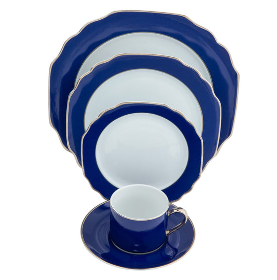 Georgian Colorsheen Navy-Blue Platinum Banding Ultra-White 5 Piece Place Setting - Pickard China -